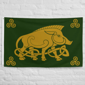 Arverni Tribe Flag featuring a golden Celtic boar on a green background representing the Arverni people, ancient Gaul, and Celtic warrior heritage.