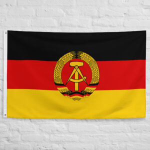 East Germany Flag featuring the official GDR emblem on the black, red, and gold tricolor of the German Democratic Republic during the Cold War era.