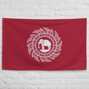 Siam Flag 1817 1855 featuring a sacred white elephant within an ornate royal emblem on a red background representing the historic Kingdom of Siam.