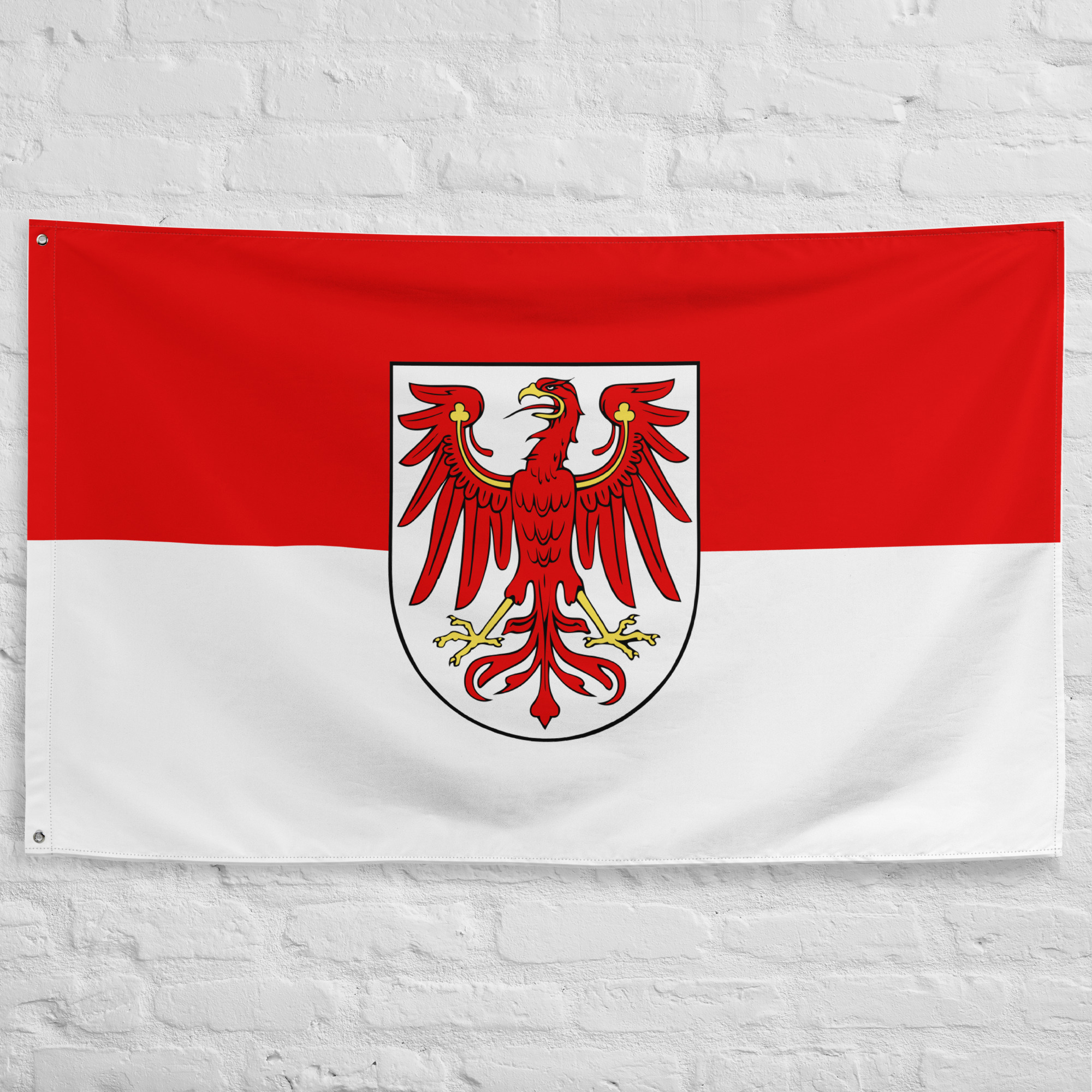 brandenburg-flag.jpg Brandenburg Flag featuring the historic red eagle coat of arms on a red and white background representing the German state of Brandenburg.