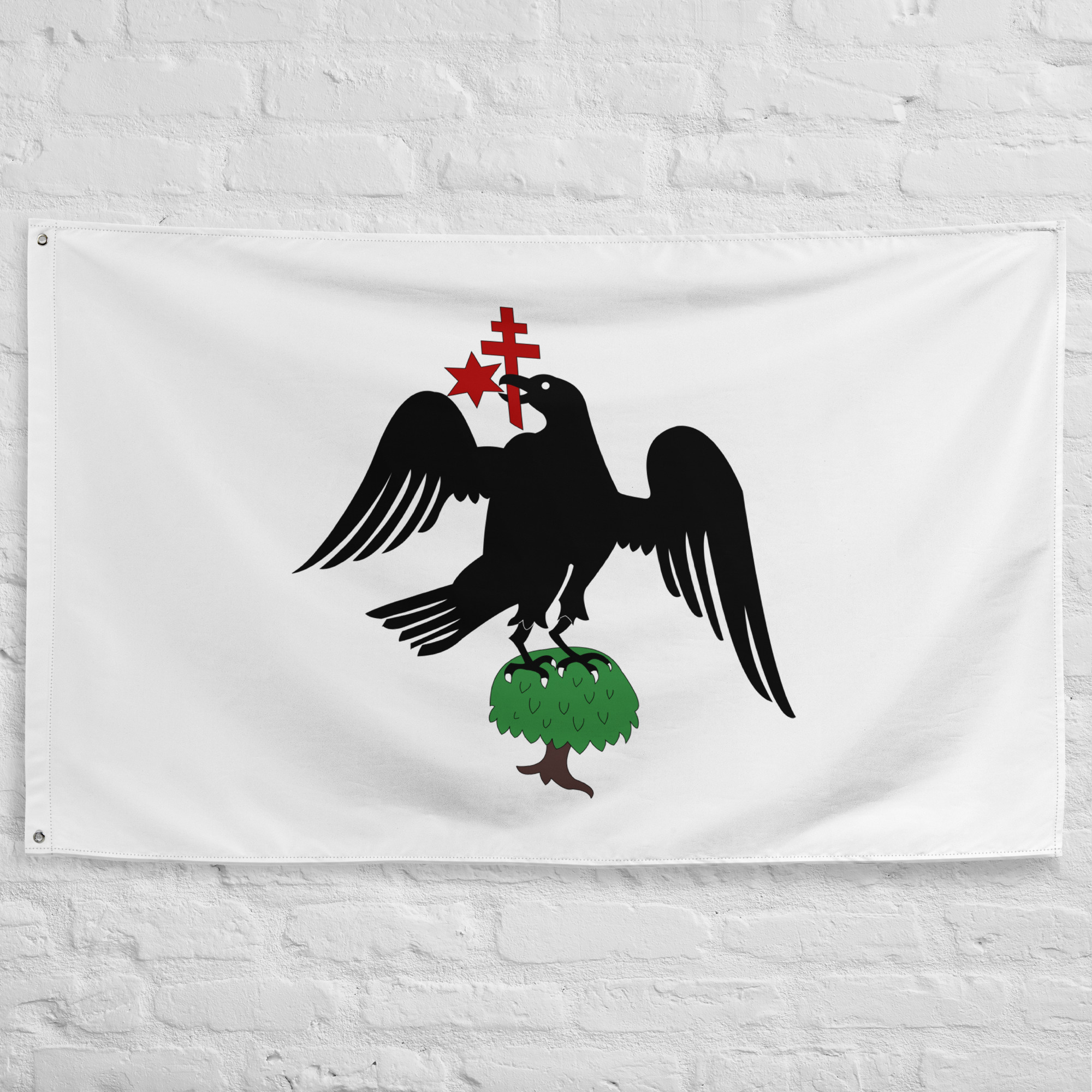wallachia-flag-medieval-romanian-eagle-banner Wallachia Flag featuring a black eagle holding a cross above a symbolic tree on a white background representing the historic Principality of Wallachia and Romanian heritage.