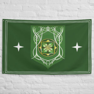 Woodland Realm Flag from Lord of the Rings featuring elegant Elven forest symbols representing the kingdom of Thranduil in Middle Earth.