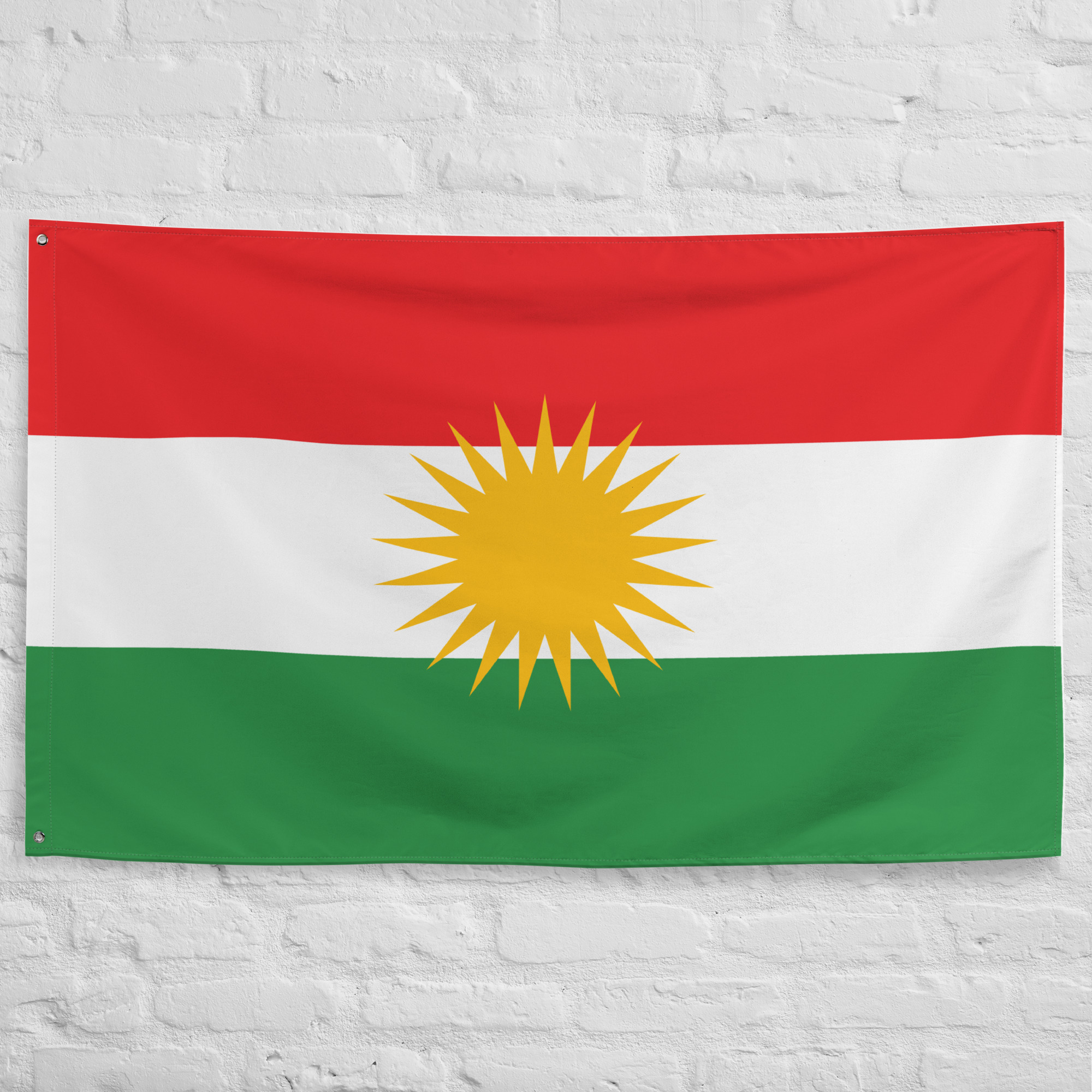 kurdistan-flag-kurdish-national-heritage-banner Kurdistan Flag featuring red white and green stripes with a golden sun emblem representing Kurdish heritage, culture, and identity.