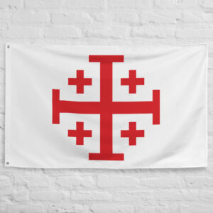 Jerusalem Cross Flag featuring the historic red five-cross Christian symbol on a white banner associated with the Holy Land and Christian heritage.