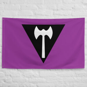 Labrys Lesbian Flag featuring the iconic labrys symbol on a purple background with a black triangle pride design.