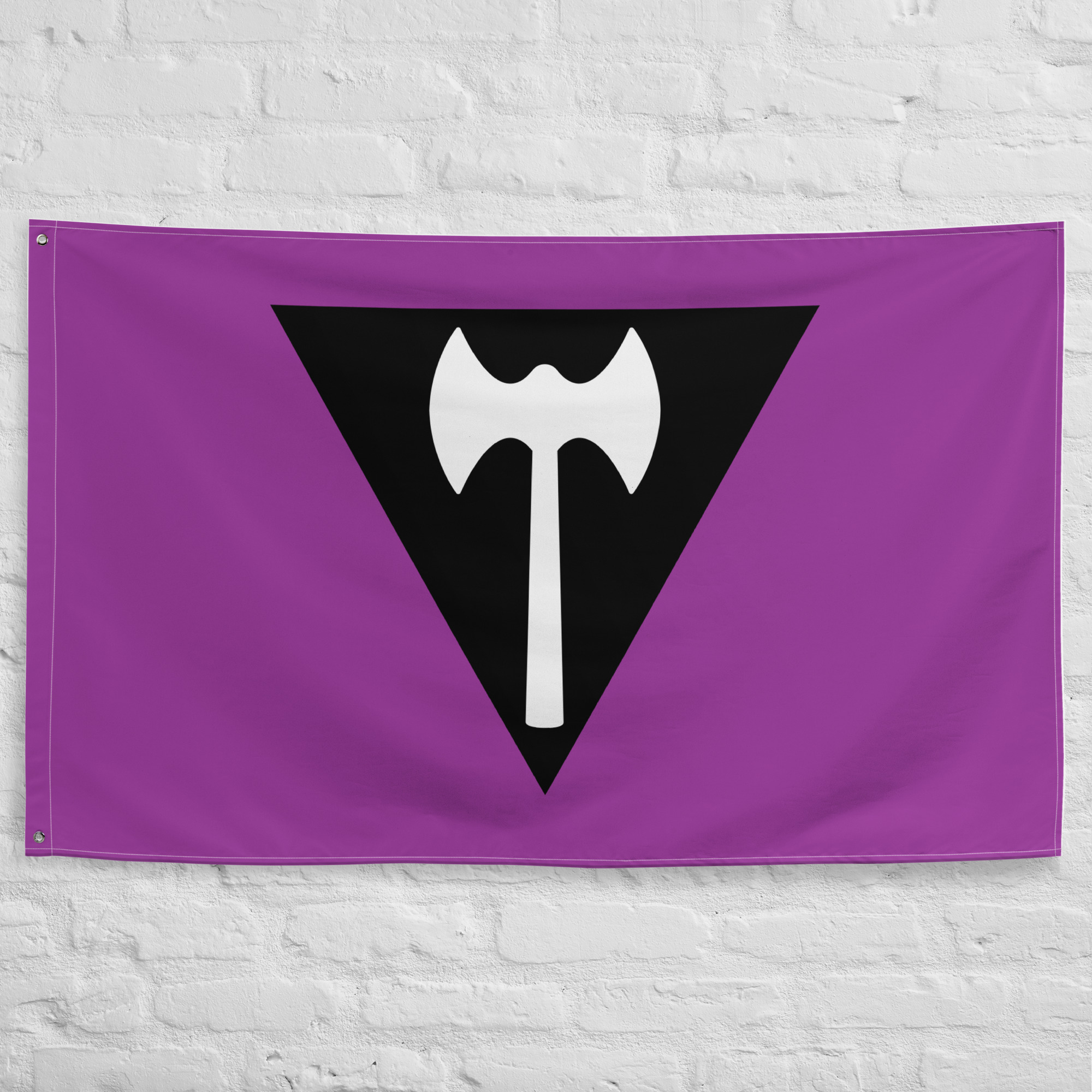 labrys-lesbian-flag.jpg Labrys Lesbian Flag featuring the iconic labrys symbol on a purple background with a black triangle pride design.