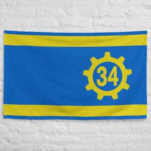 Boomers Fallout Flag featuring a blue field with yellow borders and a yellow gear displaying the number 34 representing the Vault 34 Boomers faction from Fallout New Vegas.