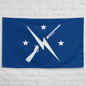 Commonwealth Minutemen Flag featuring a white laser musket and lightning bolt with three stars on a blue field representing the Fallout 4 Minutemen faction.