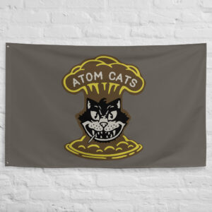 Atom Cats Flag featuring the iconic grinning cat emerging from a mushroom cloud logo from Fallout 4.