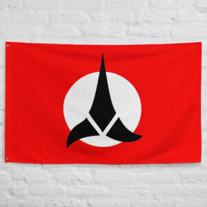 Klingon Flag featuring the black Klingon Empire emblem centered inside a white circle on a bold red background.