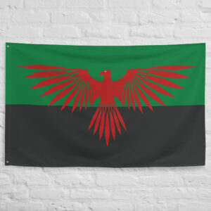 House Atreides Flag featuring the red hawk emblem on a green and black background inspired by the noble house from Dune.