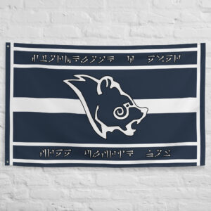 Stormcloak Skyrim Flag featuring the white Nordic bear emblem with ancient runic inscriptions on a blue and white banner.