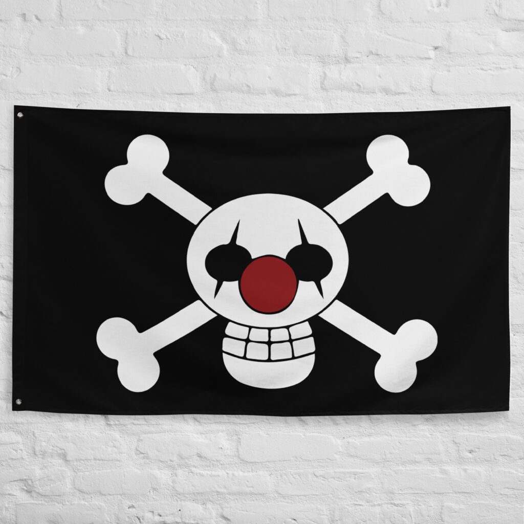 Buggy Pirates Flag featuring the clown skull with red nose and crossed bones Jolly Roger of Buggy the Clown from One Piece.