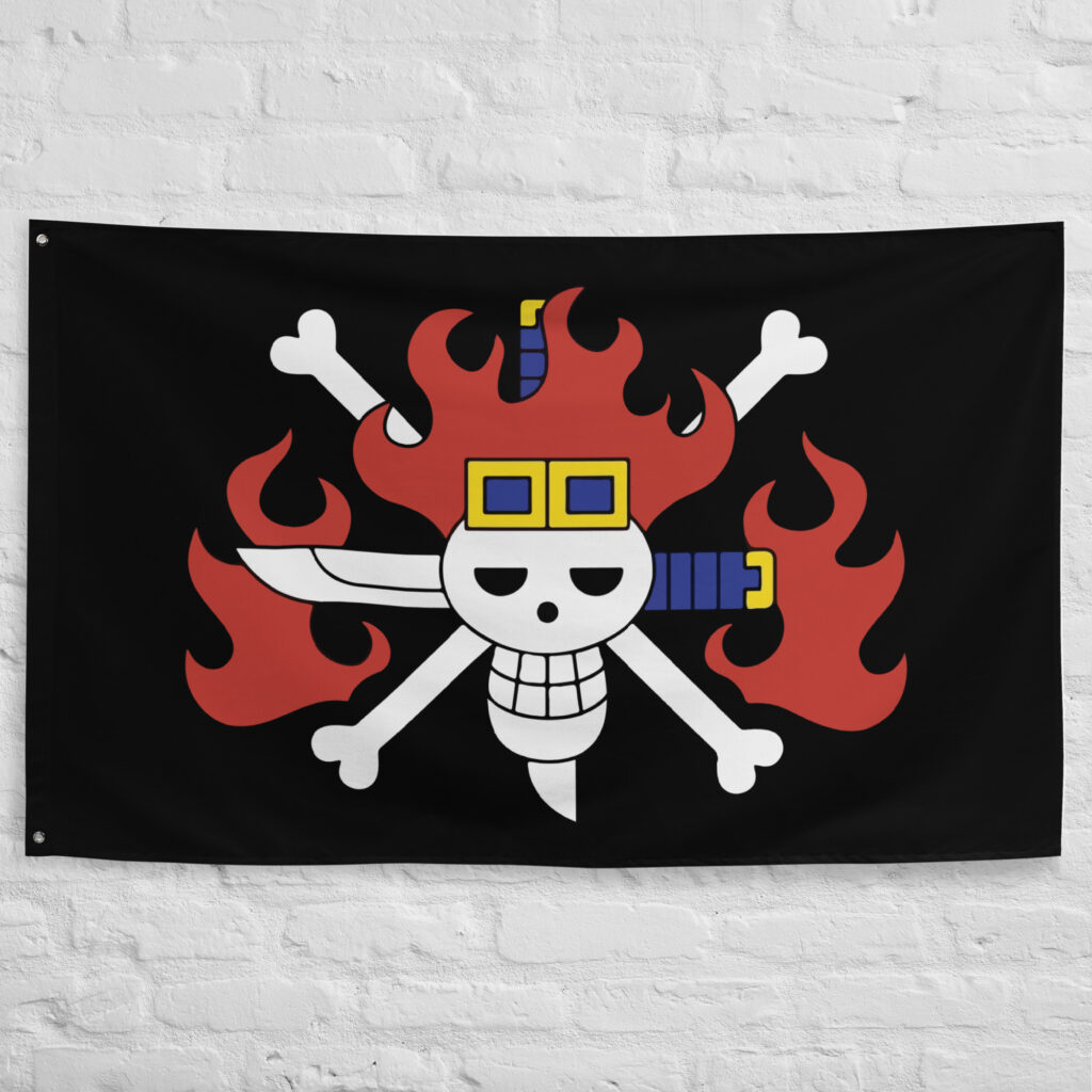 Kid Pirates Flag featuring the flaming skull, crossed bones, and crossed swords Jolly Roger of Eustass Kid from One Piece.