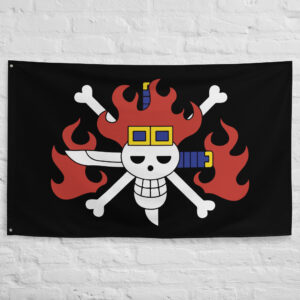 Kid Pirates Flag featuring the flaming skull, crossed bones, and crossed swords Jolly Roger of Eustass Kid from One Piece.