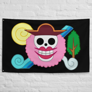 Big Mom Pirates Flag featuring the colorful Charlotte Linlin Jolly Roger with pink hair, pirate hat, and candy-inspired symbols from One Piece.