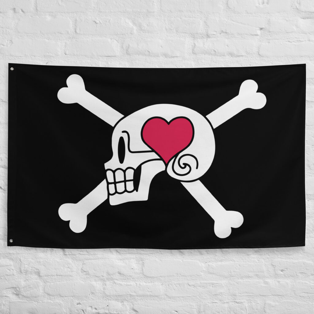 Alvida Pirates Flag featuring the side-profile skull with a pink heart and crossed bones Jolly Roger from One Piece.