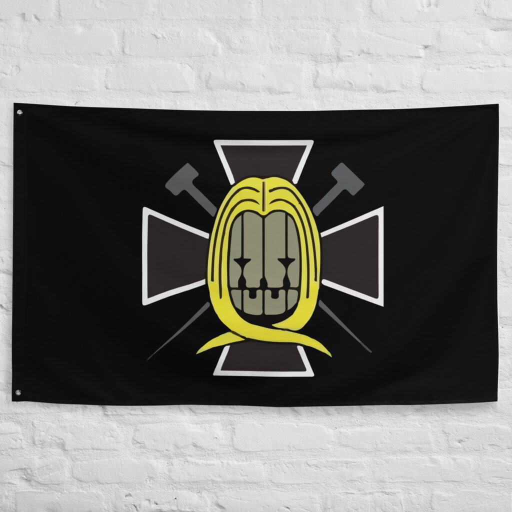 Hawkins Pirates Flag featuring the long-haired skull, crossed nails, and cross emblem Jolly Roger of Basil Hawkins from One Piece.