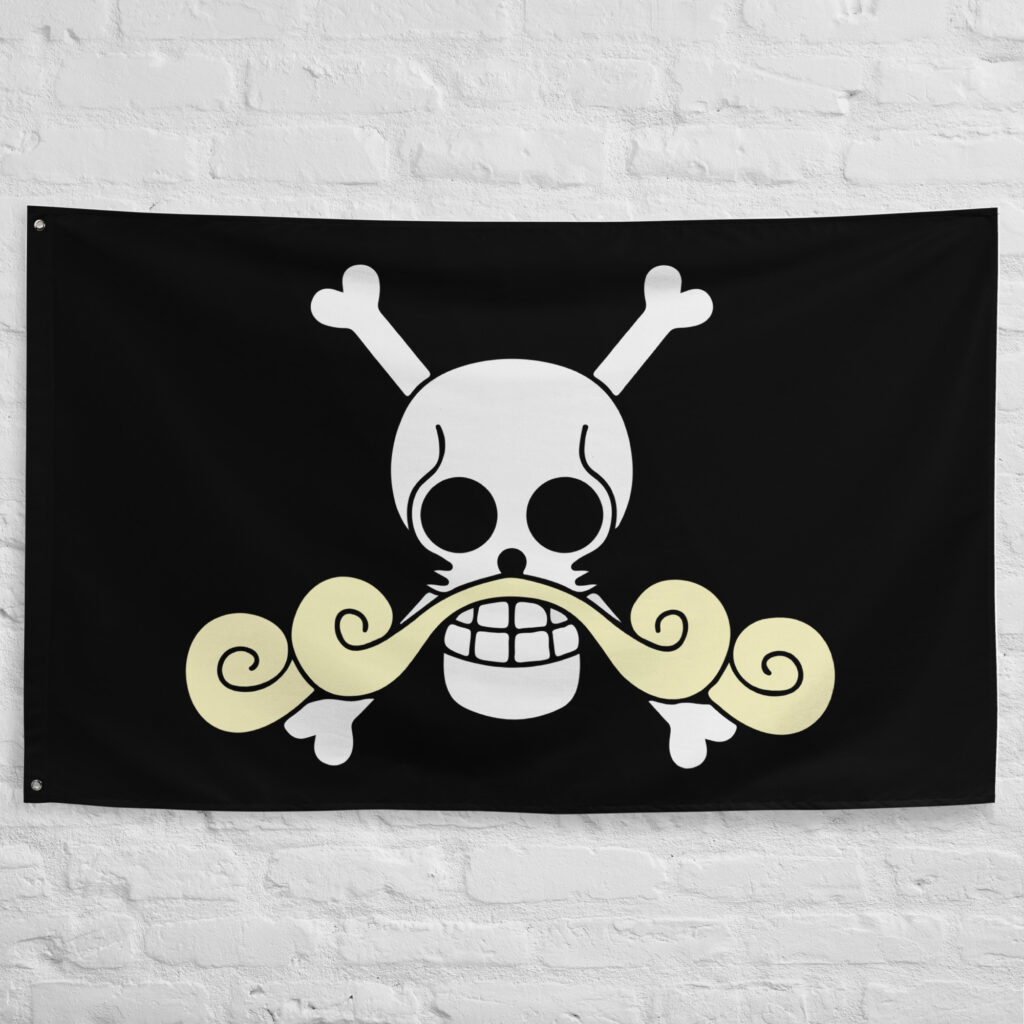 Roger Pirates Flag featuring the skull with curled mustache and crossed bones Jolly Roger of Gol D. Roger from One Piece.