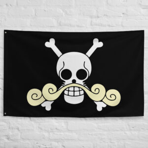 Roger Pirates Flag featuring the skull with curled mustache and crossed bones Jolly Roger of Gol D. Roger from One Piece.