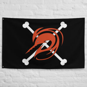 Arlong Pirates Flag featuring the orange sawshark emblem over crossed bones Jolly Roger of the Fish-Man Pirates from One Piece.