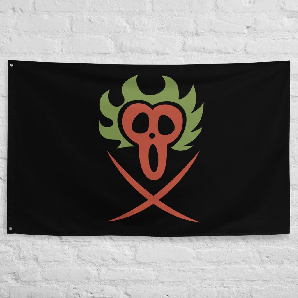 Barto Club Flag featuring the screaming skull with green flame hair and crossed blades Jolly Roger of Bartolomeo from One Piece.