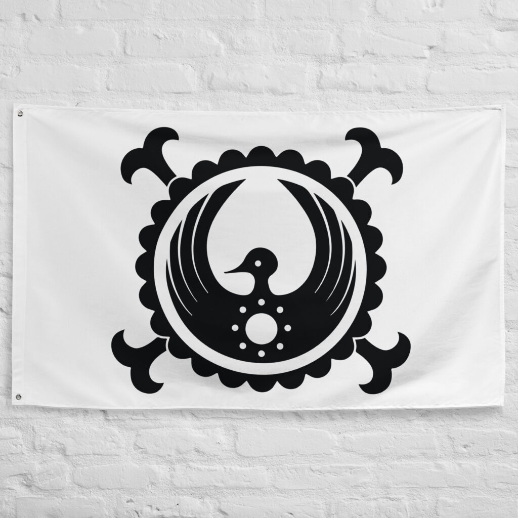 Kozuki Clan Flag featuring the black crane crest surrounded by a circular floral emblem representing the Kozuki family of Wano Country from One Piece.