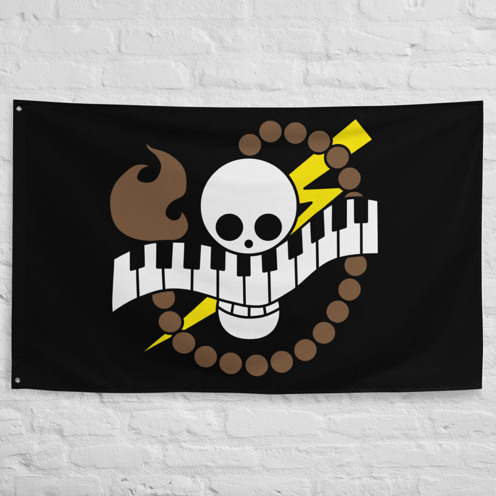 On Air Pirates Flag featuring the skull with piano keys, lightning bolt, and musical symbols representing Scratchmen Apoo from One Piece.