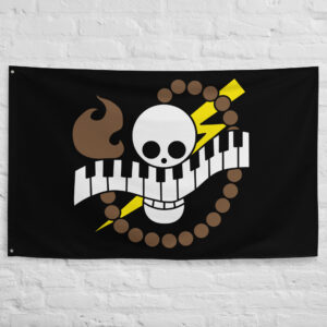 On Air Pirates Flag featuring the skull with piano keys, lightning bolt, and musical symbols representing Scratchmen Apoo from One Piece.