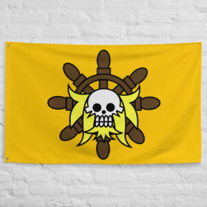 Golden Lion Pirates Flag featuring the skull with flowing golden hair and ship's wheel Jolly Roger of Shiki from One Piece.