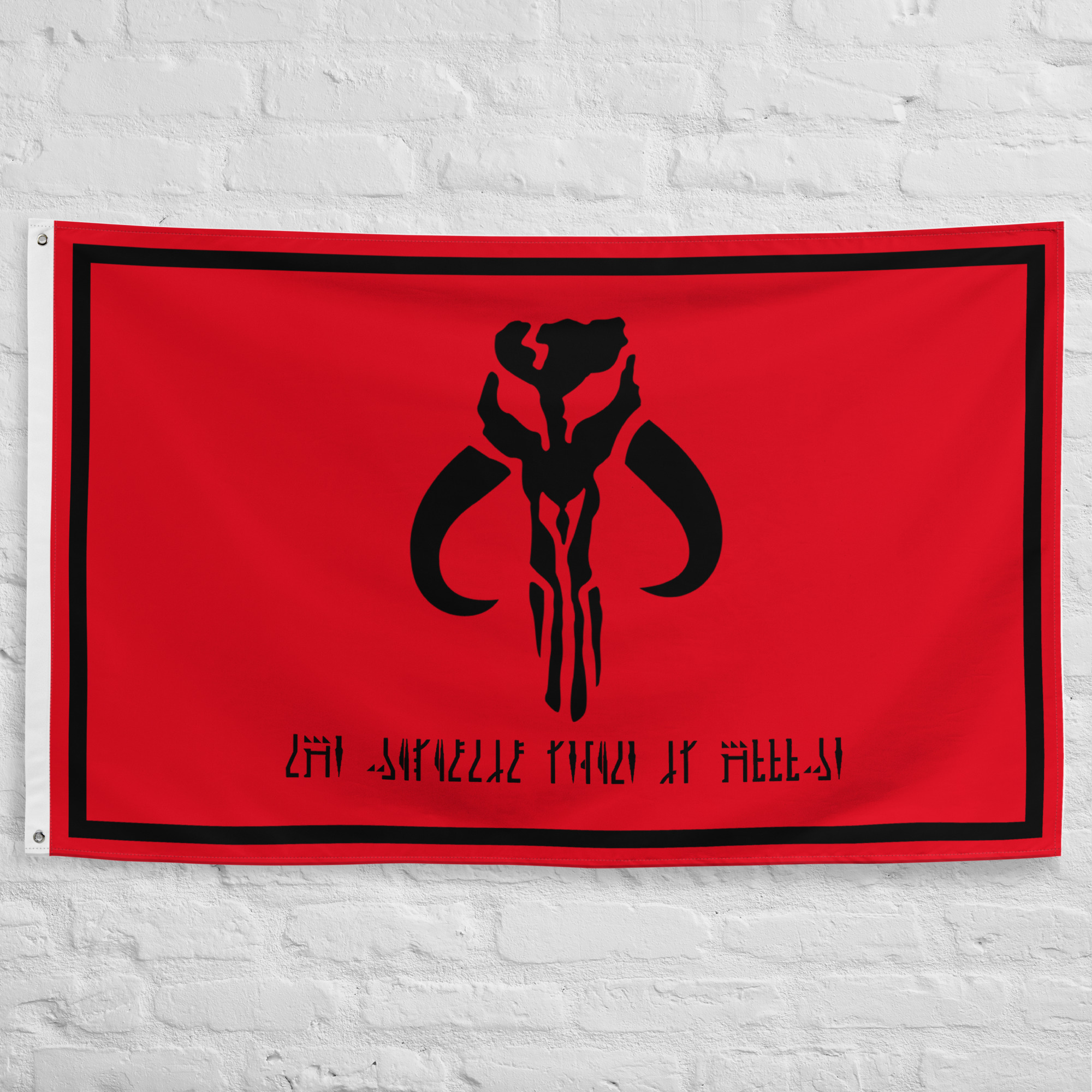 Mandalorian Flag featuring the iconic black Mythosaur skull centered on a red background with Mandalorian script from Star Wars.