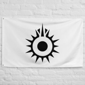 Black Sun Flag featuring the iconic black sun emblem of the Black Sun crime syndicate centered on a white background from Star Wars.