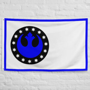 New Republic Flag featuring the blue New Republic starbird emblem surrounded by stars on a white background from Star Wars.